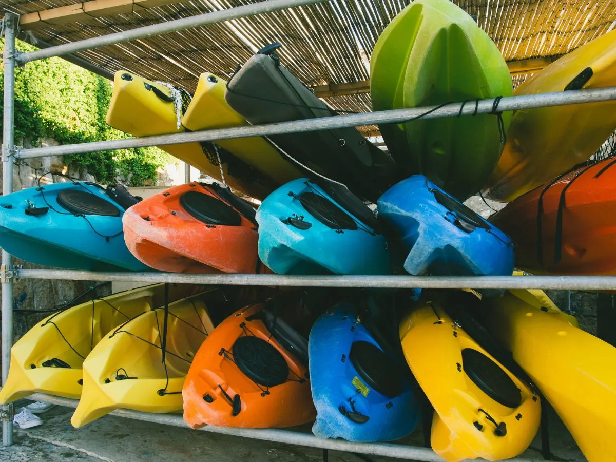 Kayaks on Rack at Alki Beach Seattle Area Kayaking