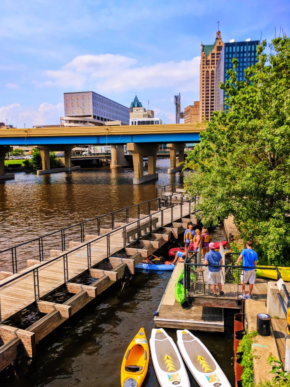 Kayaks on river in Historic Third Ward Downtown Milwaukee 1