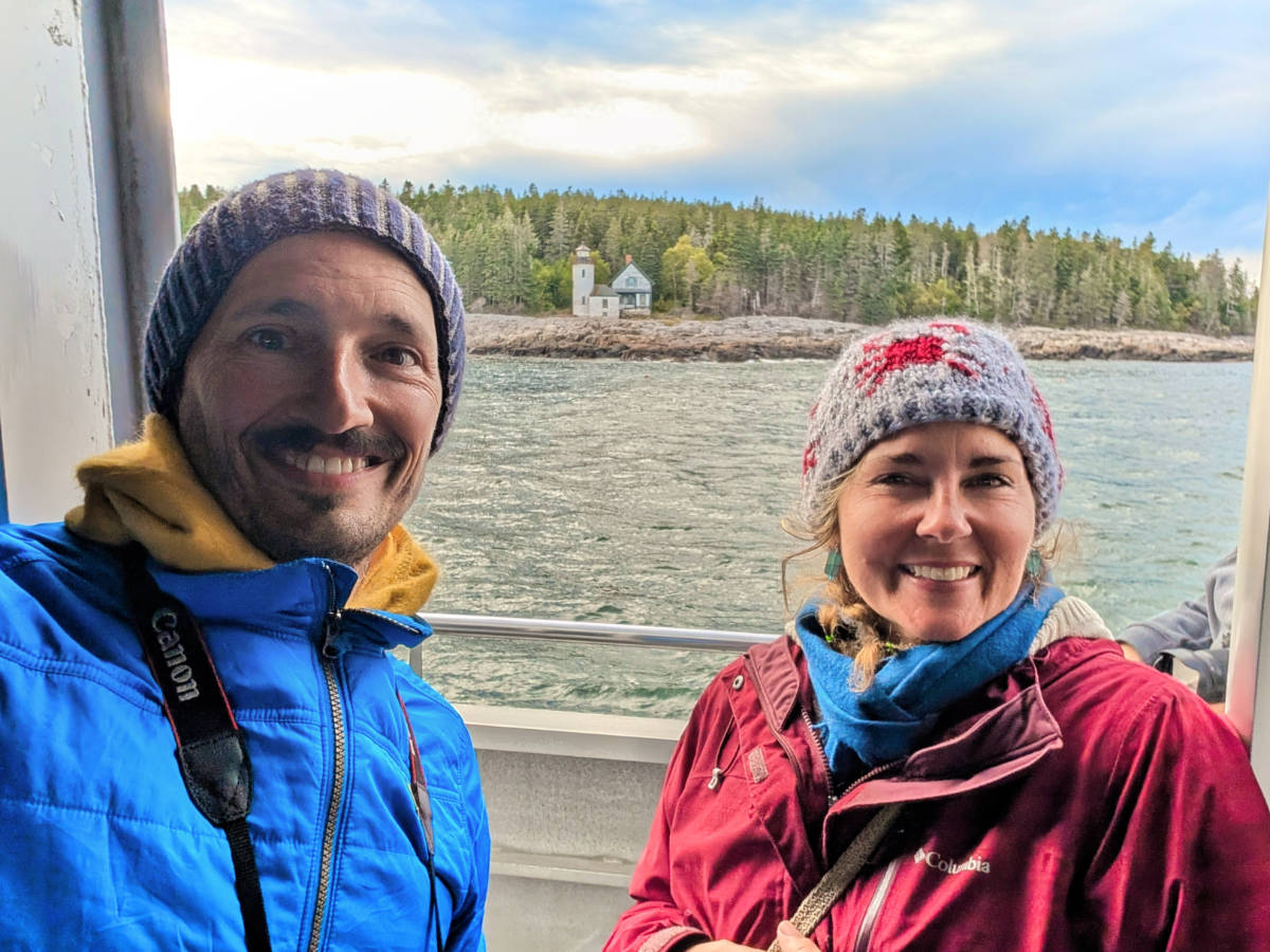 Kelly and Rob Taylor with Little River Lighthouse Cutler Maine from Bar Harbor Whale Watching Lighthouse Cruise 1