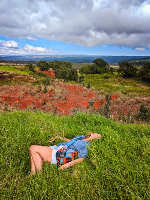 Kelly at Cinder Cone Crater in Kahuku Unit of Hawaii Volcanoes National Park Big Island 1