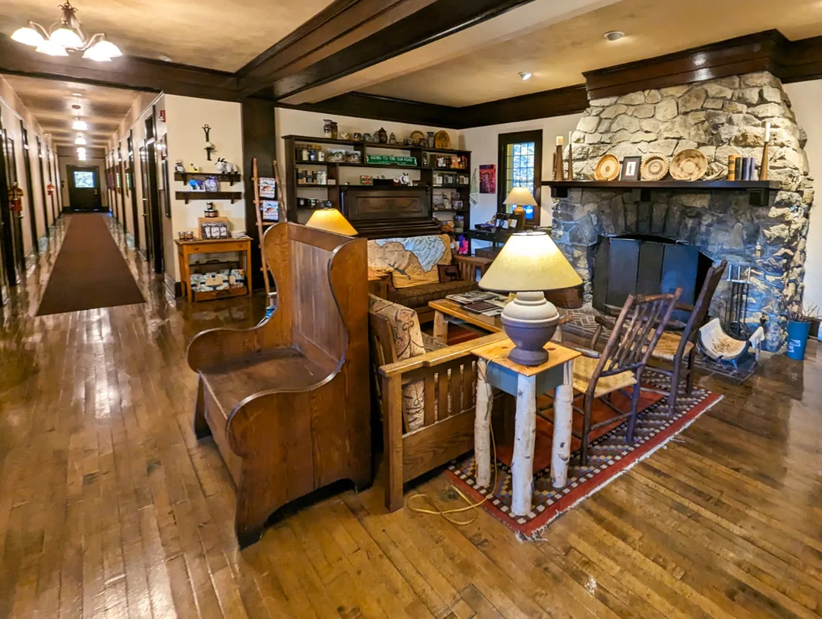 Lobby of Belton Chalet Railway Hotel West Glacier National Park Montana 1