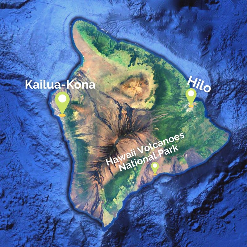 Map of Big Island Hawaii with Hawaii Volcanoes National Park