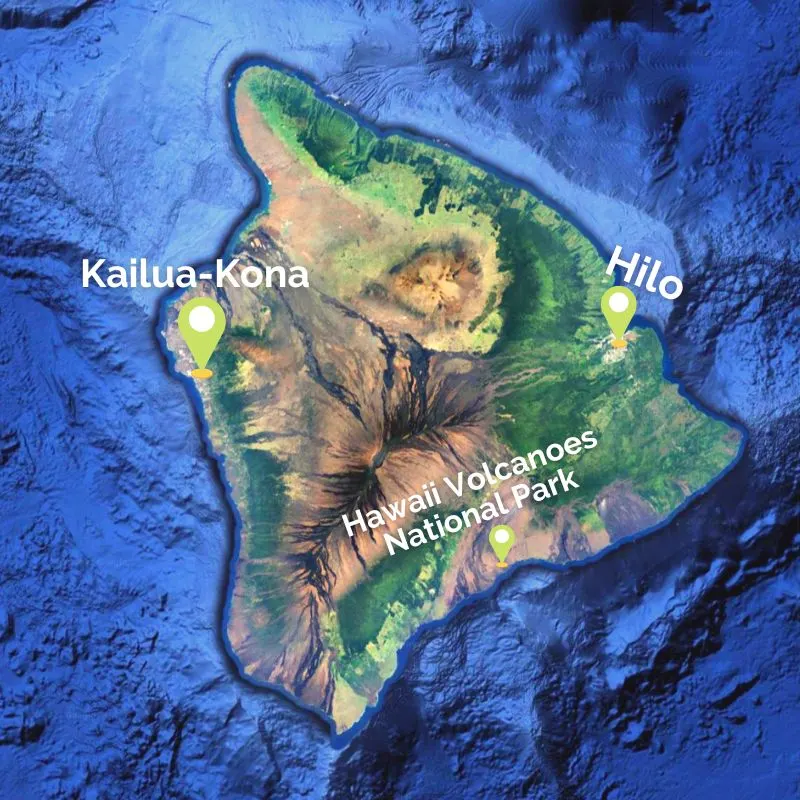 Map of Big Island Hawaii with Hawaii Volcanoes National Park