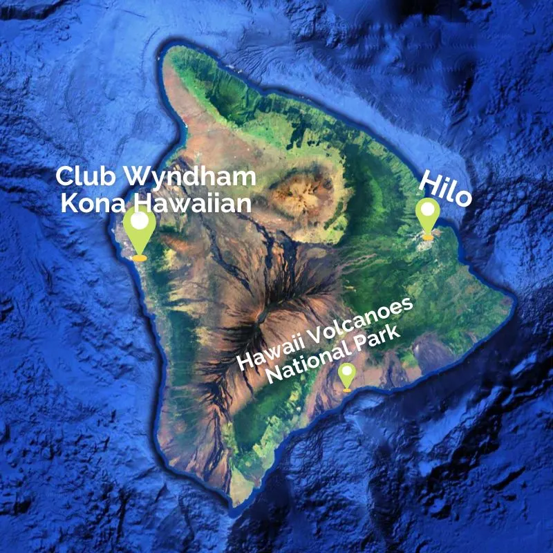 Map of Big Island Hawaii with Wyndham Kona Hawaiian