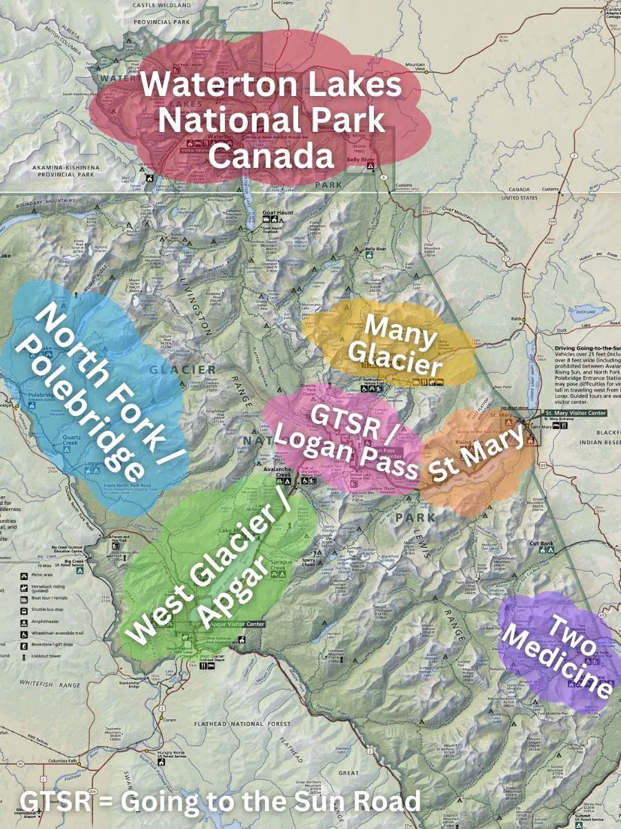 Map of Glacier National Park with Areas Labeled