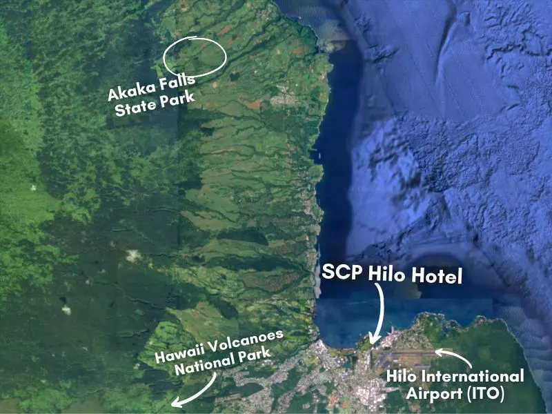 Map of Hilo with Airport and SCP Hilo Hotel