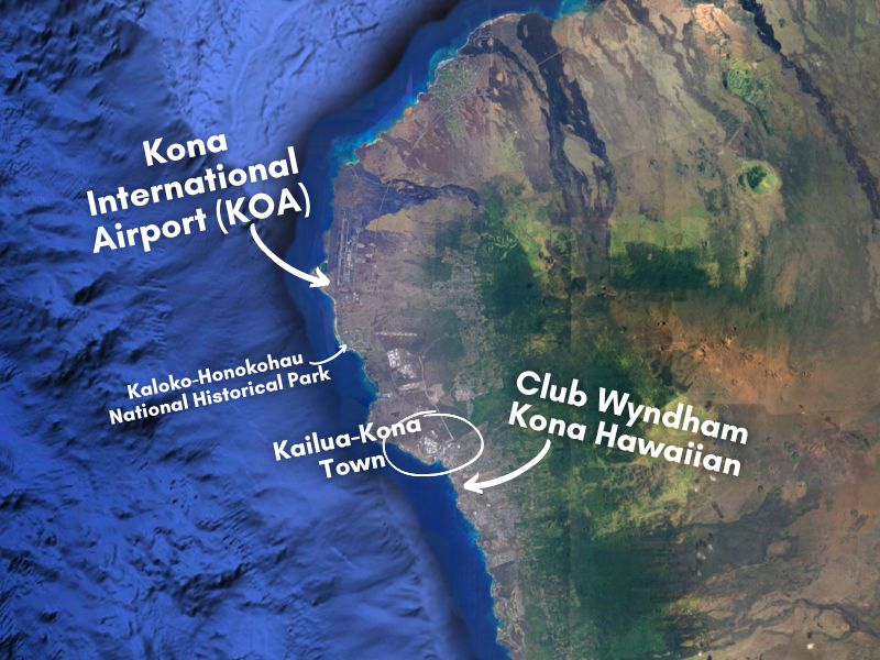 Map of Kailua-Kona with Airport and Club Wyndham Kona Hawaiian