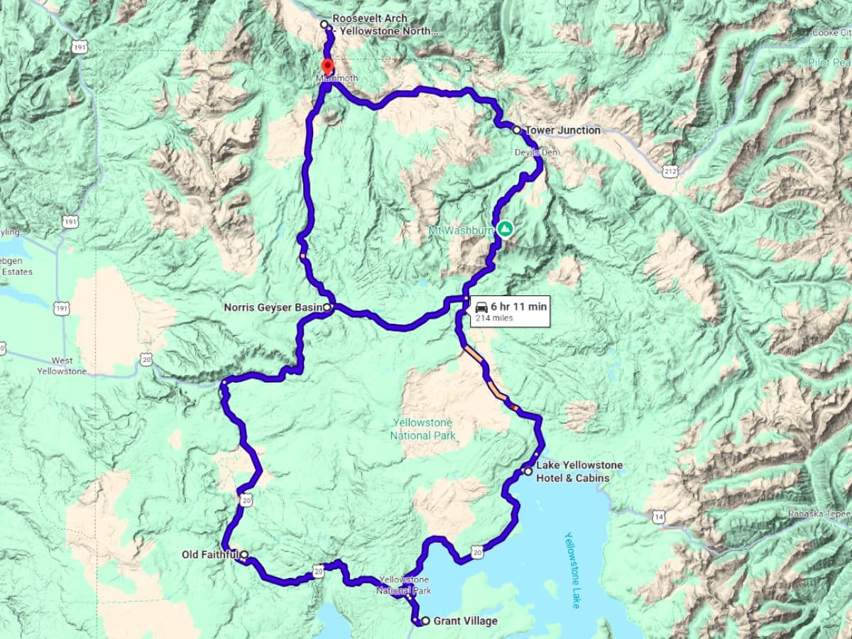 Map of complete drive around Yellowstone NP