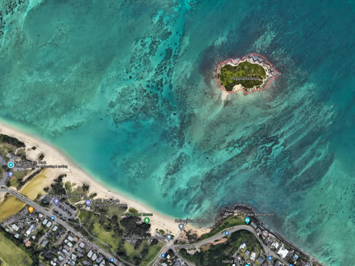 Map to Popoia Island from Lailua Beach Park Oahu Kayaking