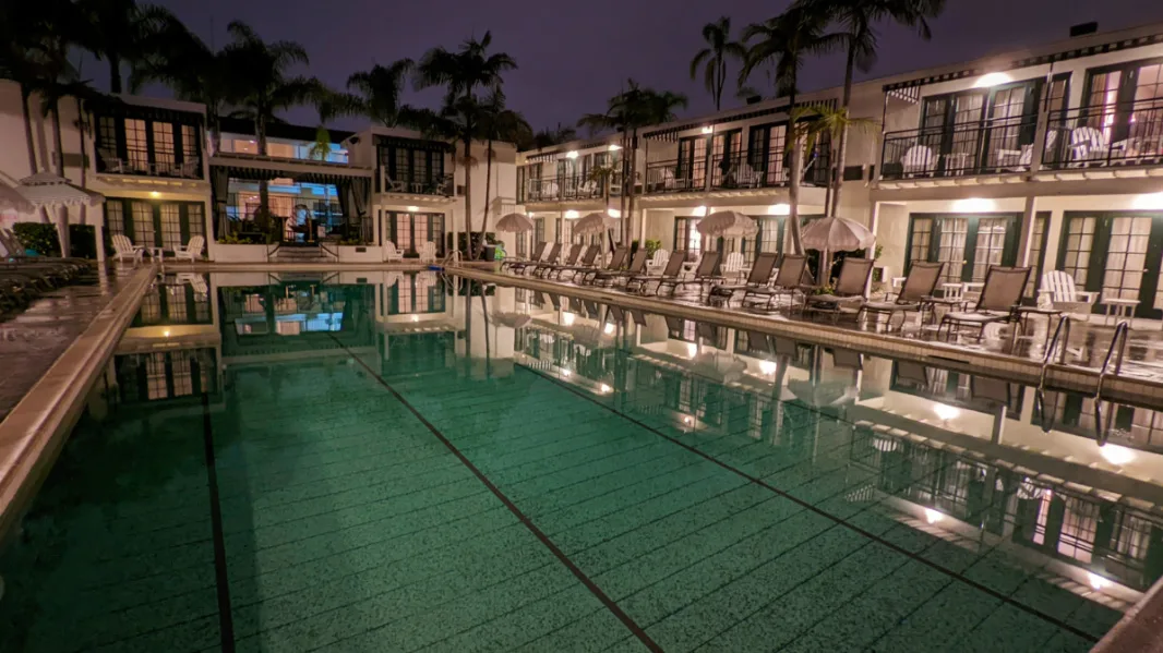 Nighttime Swimming Pool at Lafayette Hotel Swimclub and Bungalows San Diego California 3