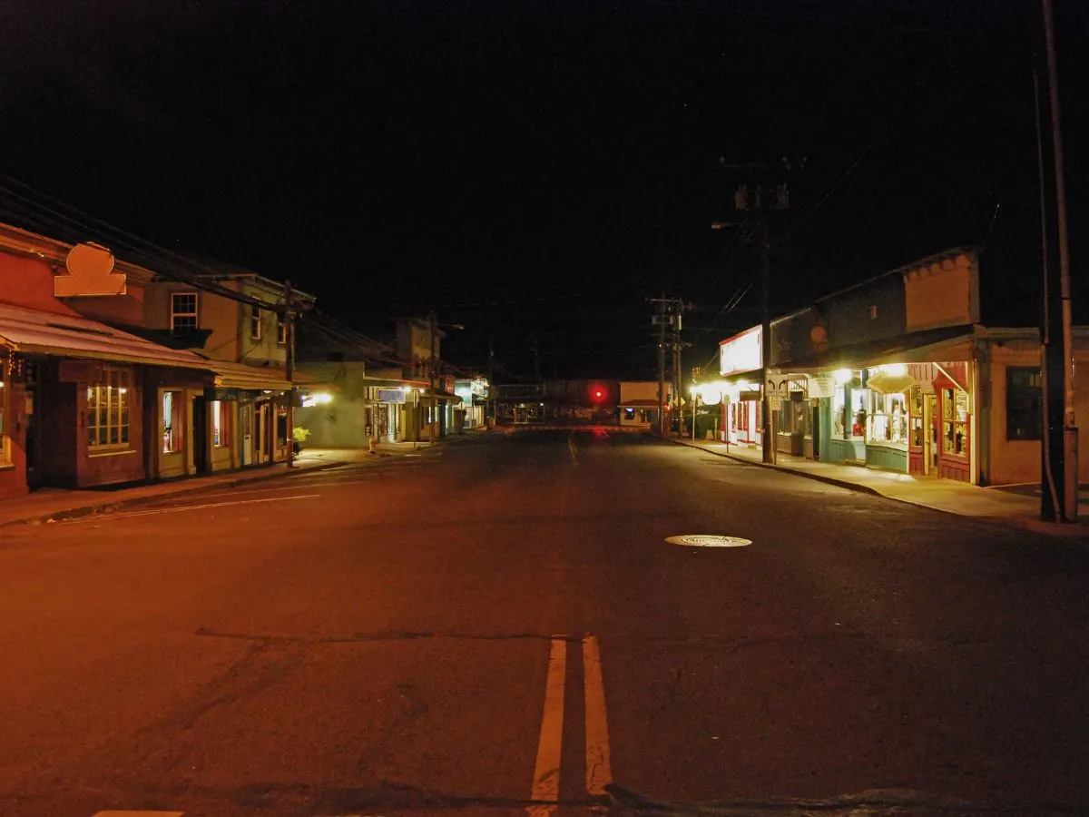 Nighttime empty street in Paia North Shore Maui Hawaii