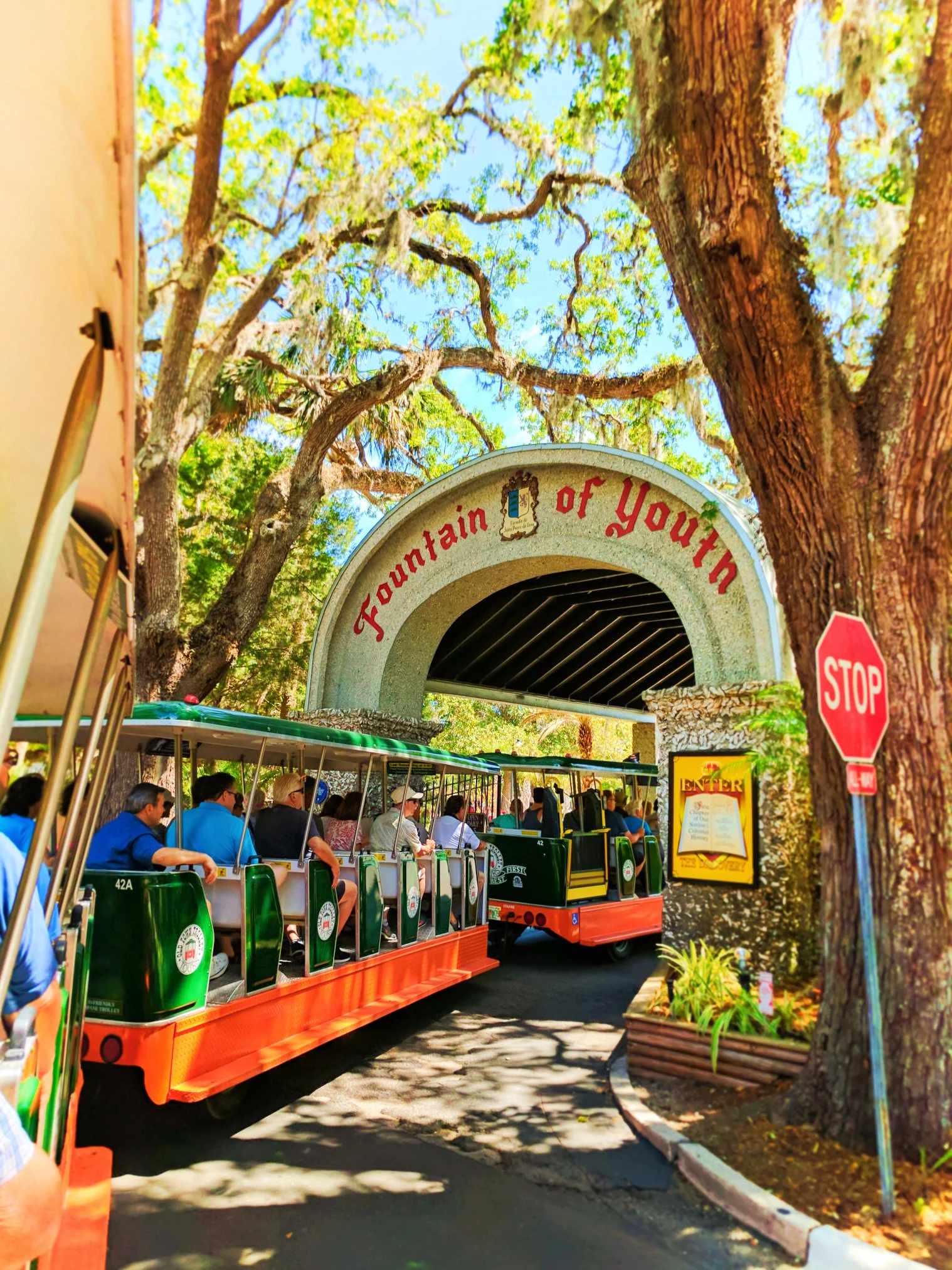 Old Town Trolley entering the Fountain of Youth St Augustine 1