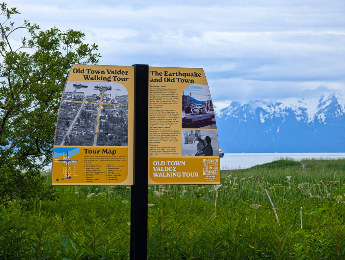Old Town Valdez Walking Tour signs in Valdez Alaska