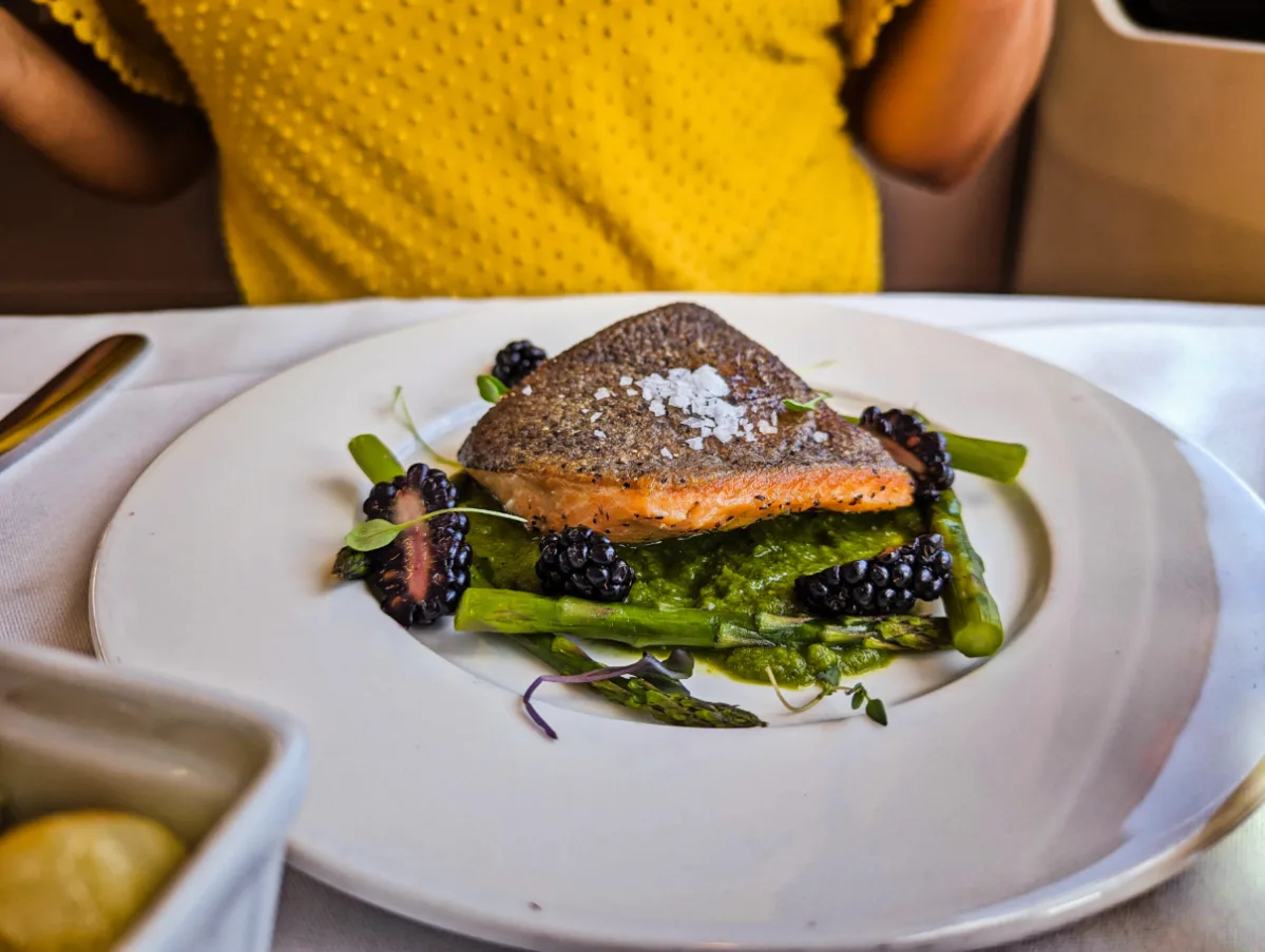 PNW Steelhead Trout lunch dining on Rocky Mountaineer GoldLeaf Service First Passage to the West 1