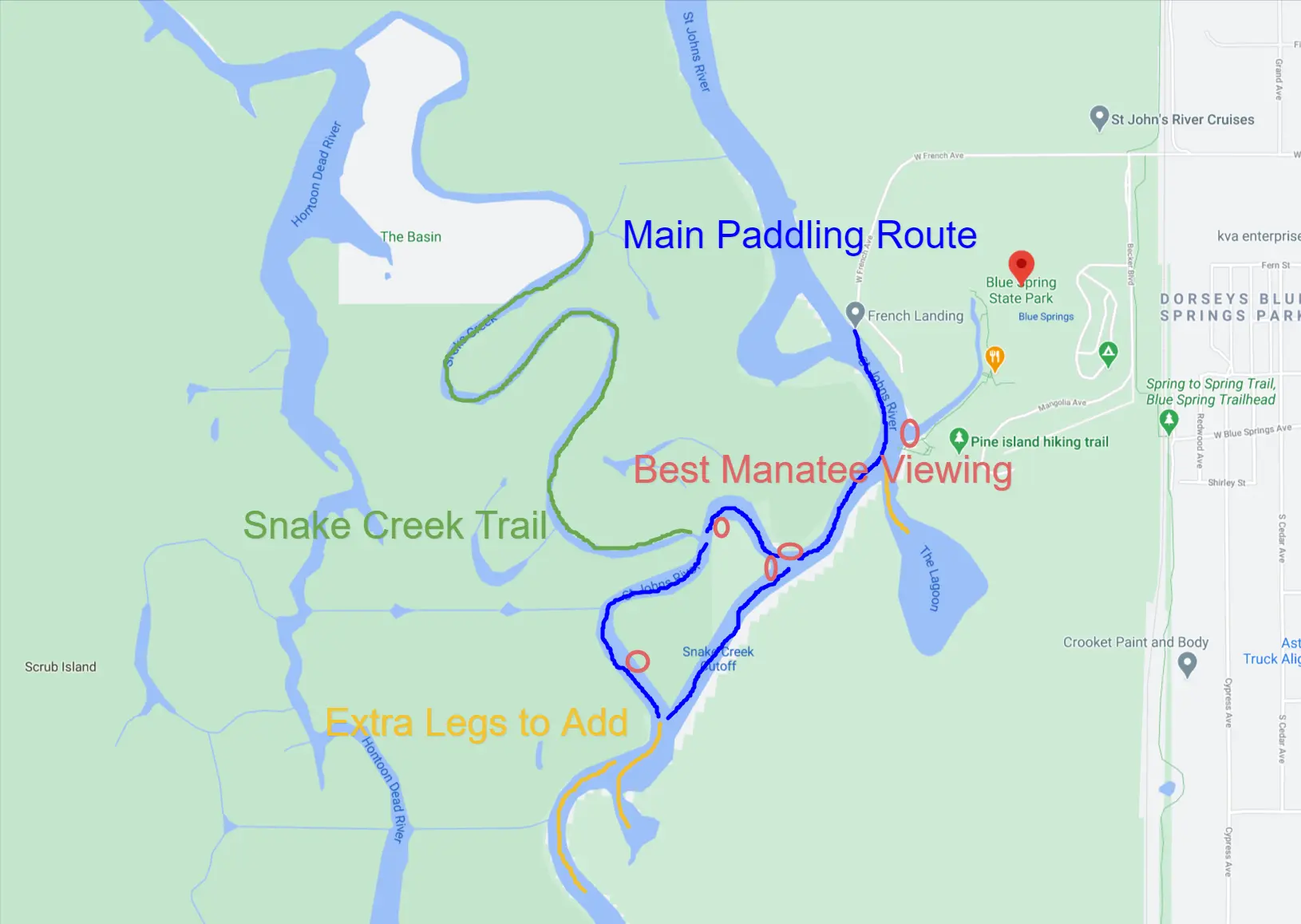 Paddling Routes at Blue Spring State Park