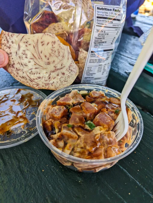 Poke and Taro Chips from Kawaihae Marketplace Northern Kona Coast Big Island Hawaii 1