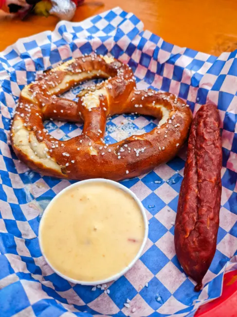 Pretzel with Beer Cheese and Landjager at Icicle Brewing downtown Leavenworth Washington 1