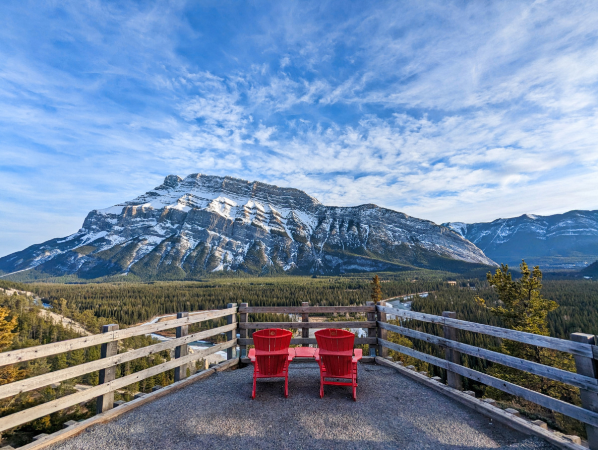Red Adirondack Chairs and Canadian Rockies from Hoodoo Viewpoint Banff National Park Alberta 2