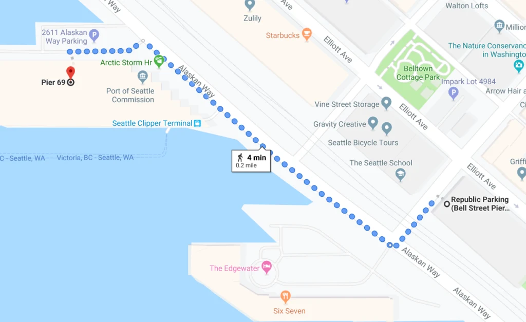 Map of Bell St Pier Garage to Victoria Clipper Terminal