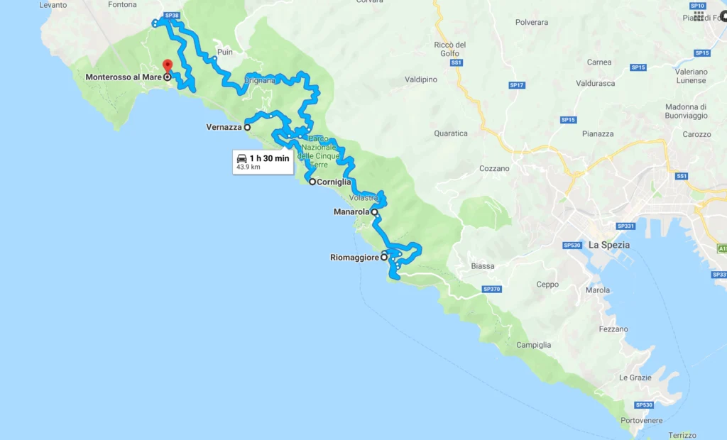 Driving map between the five towns of Cinque Terre, Italy