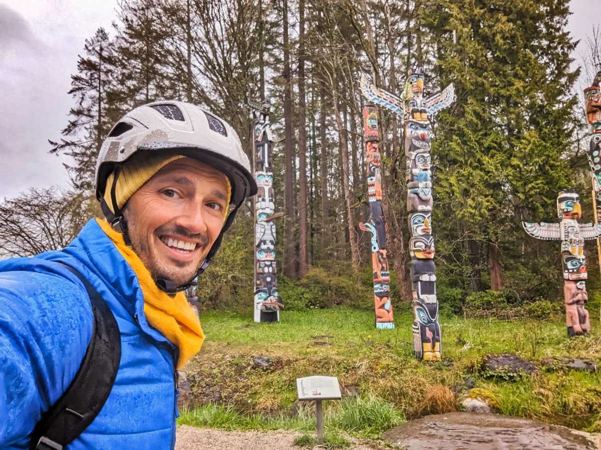 Rob Taylor Riding Bikes to First Nations Totem Poles at Stanley Park Vancouver BC 1