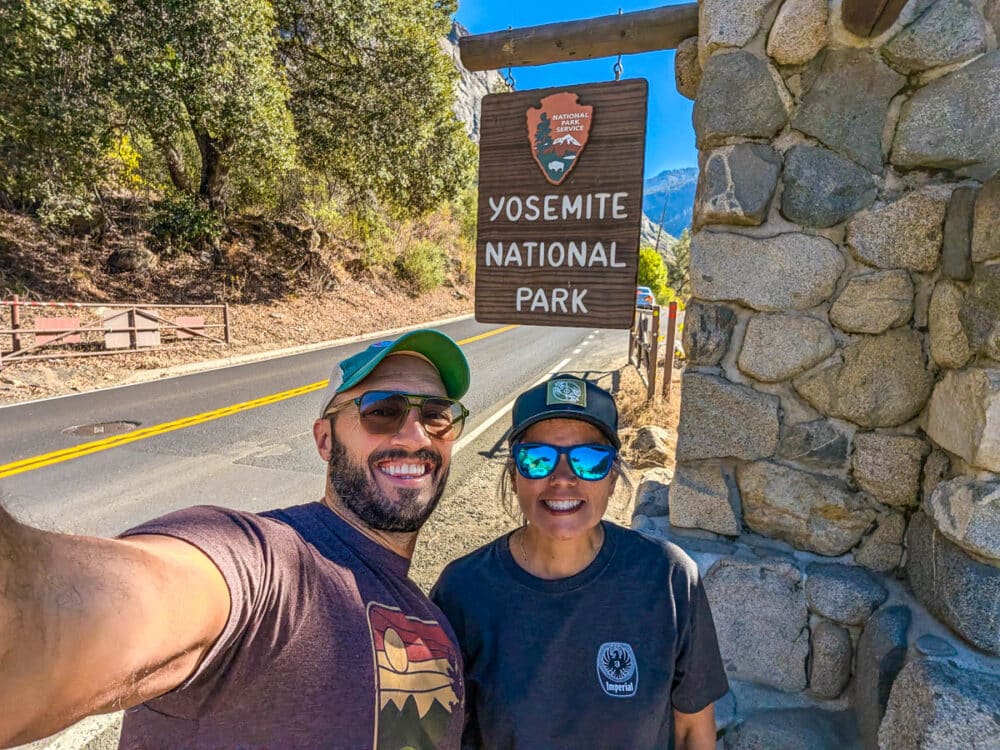 Rob Taylor and Cori at El Portal Entrance Sign Yosemite National Park California 1