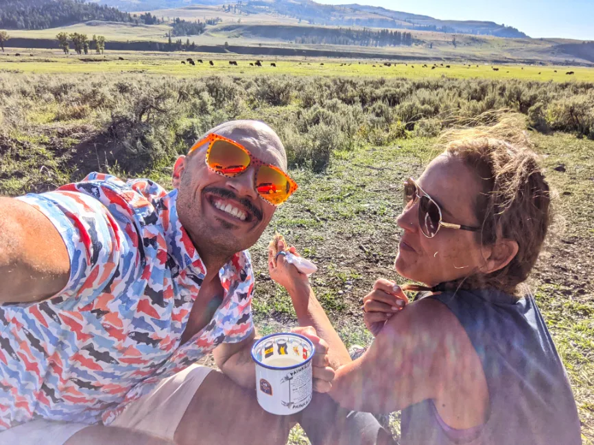 Rob Taylor and Kelly Roadside Picnic with Bison in Lamar Valley Yellowstone National Park Wyoming 1