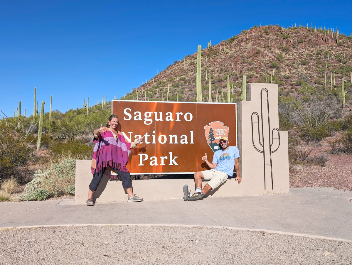 Rob Taylor and Kelly at Entrance Sign Saguaro National Park Tucson Arizona 1