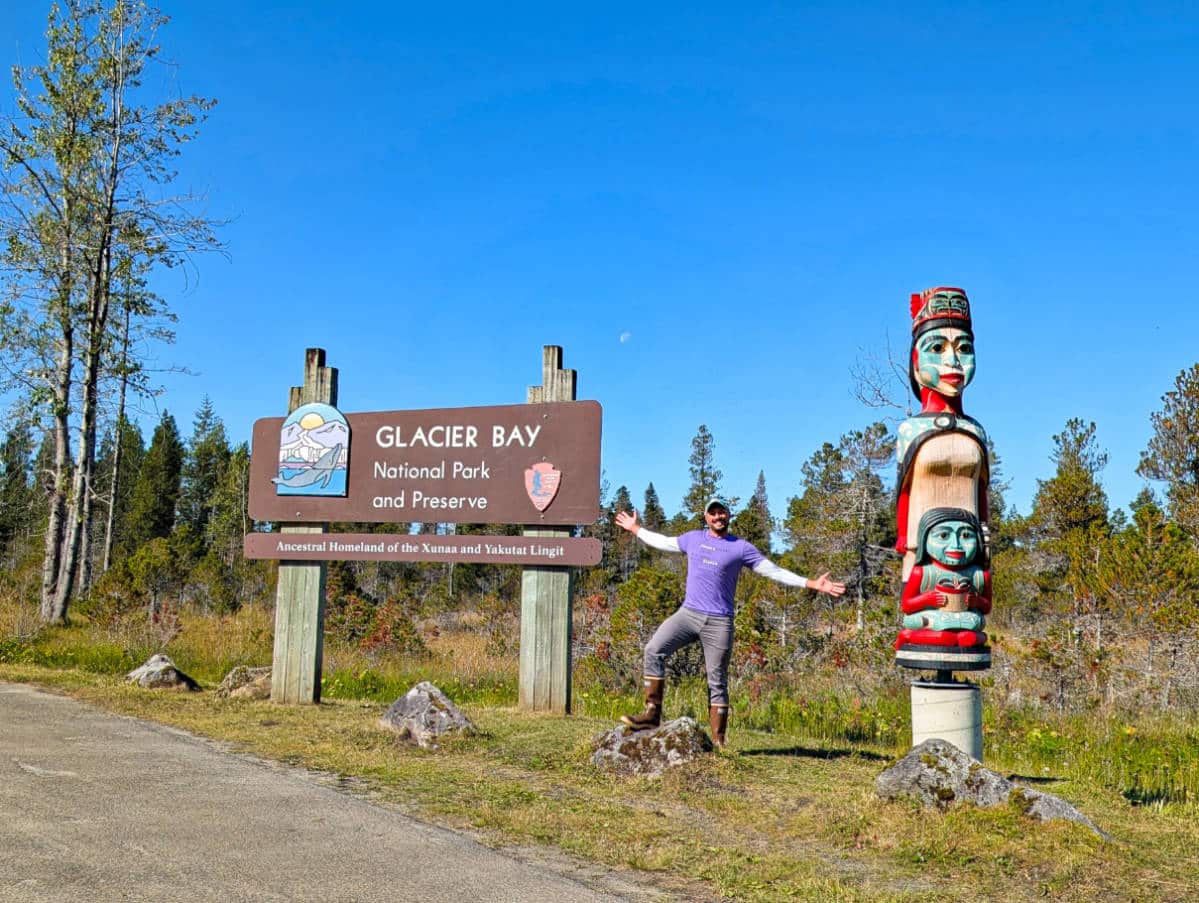 Rob Taylor at Entrance Sign at Glacier Bay National Park Gustavus Alaska 1