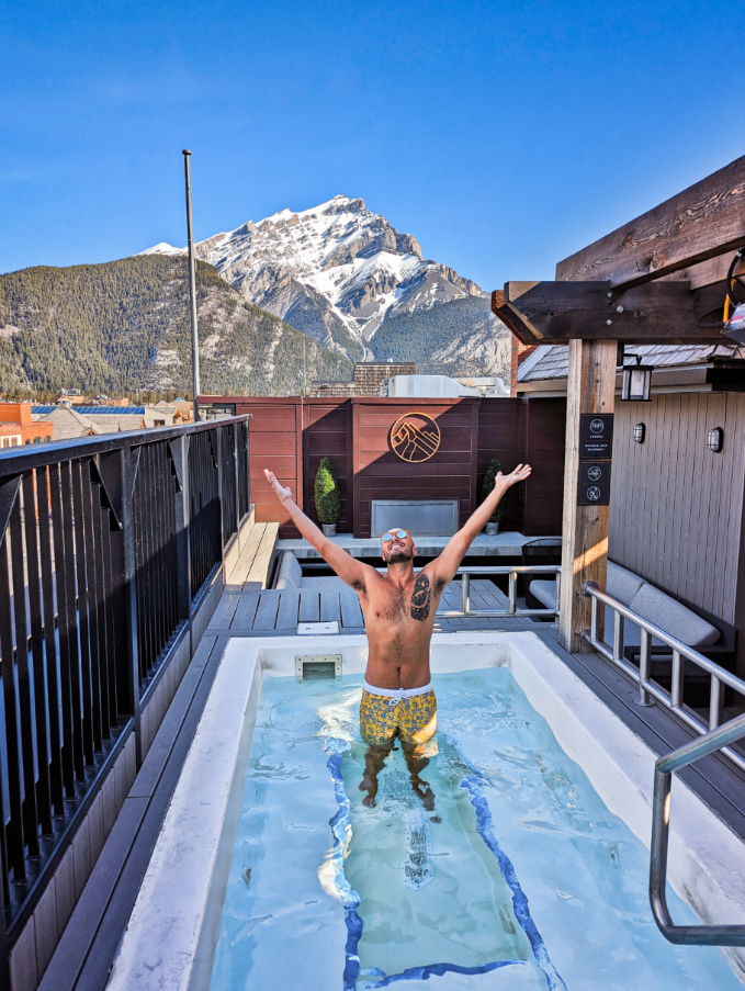 Rob Taylor at Rooftop Hot Tubs at Mount Royal Hotel Downtown Banff Alberta 3