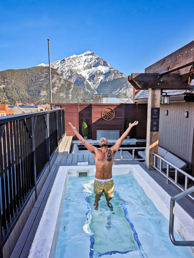 Rob Taylor at Rooftop Hot Tubs at Mount Royal Hotel Downtown Banff Alberta 3