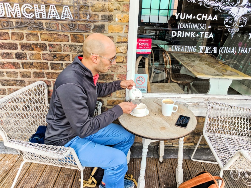 Rob Taylor drinking tea at Tea Shop at Camden Lock Market Camden Town London 1