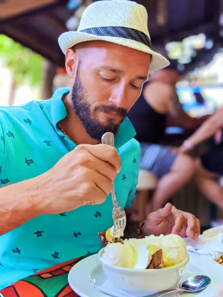 Rob Taylor eating Bananas Foster at Blue Heaven Key West Florida Keys 2021 1