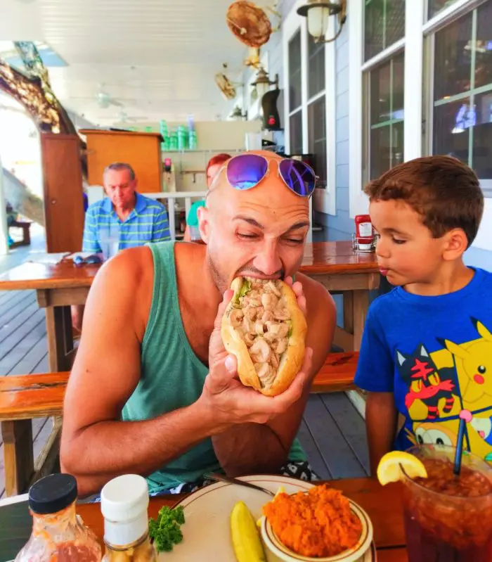 Rob Taylor eating shrip salad roll at Aunt Kates Restaurant St Augustine 1