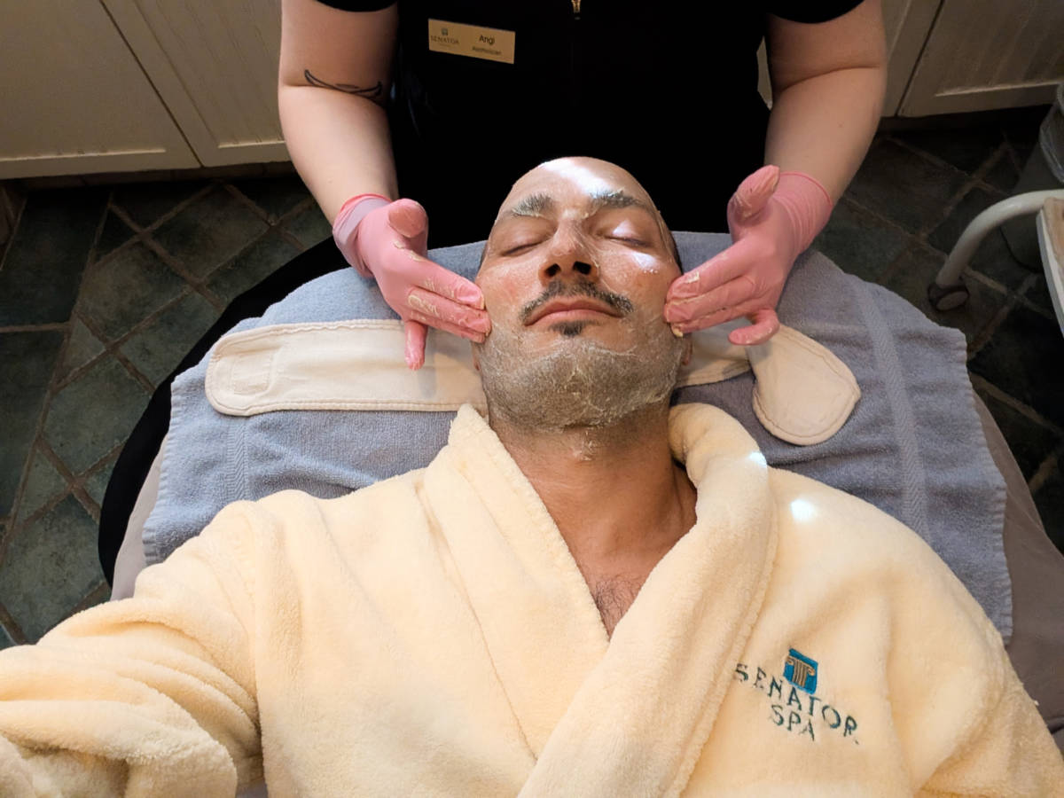 Rob Taylor getting facial treatment at Senator Spa at Senator Inn and Spa Augusta Maine 1