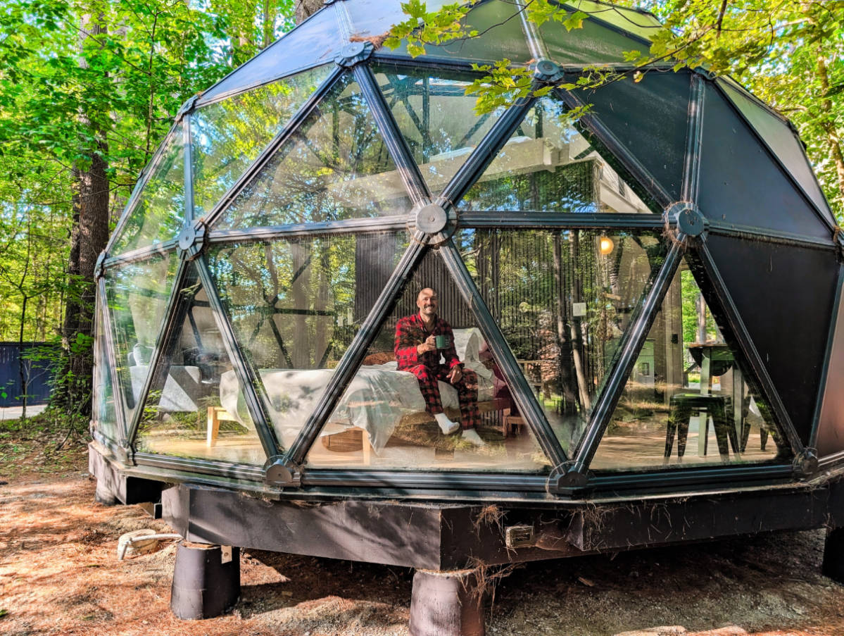 Rob Taylor in Geodesic Dome at Desert of Maine Glamping Freeport Maine 5