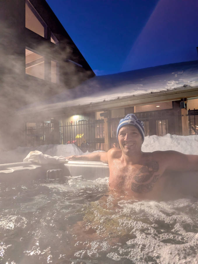 Rob Taylor in hot tub at Sugarloaf Sports and Fitness Center at Sugarloaf Ski Resort Carrabassett Valley Maine 1