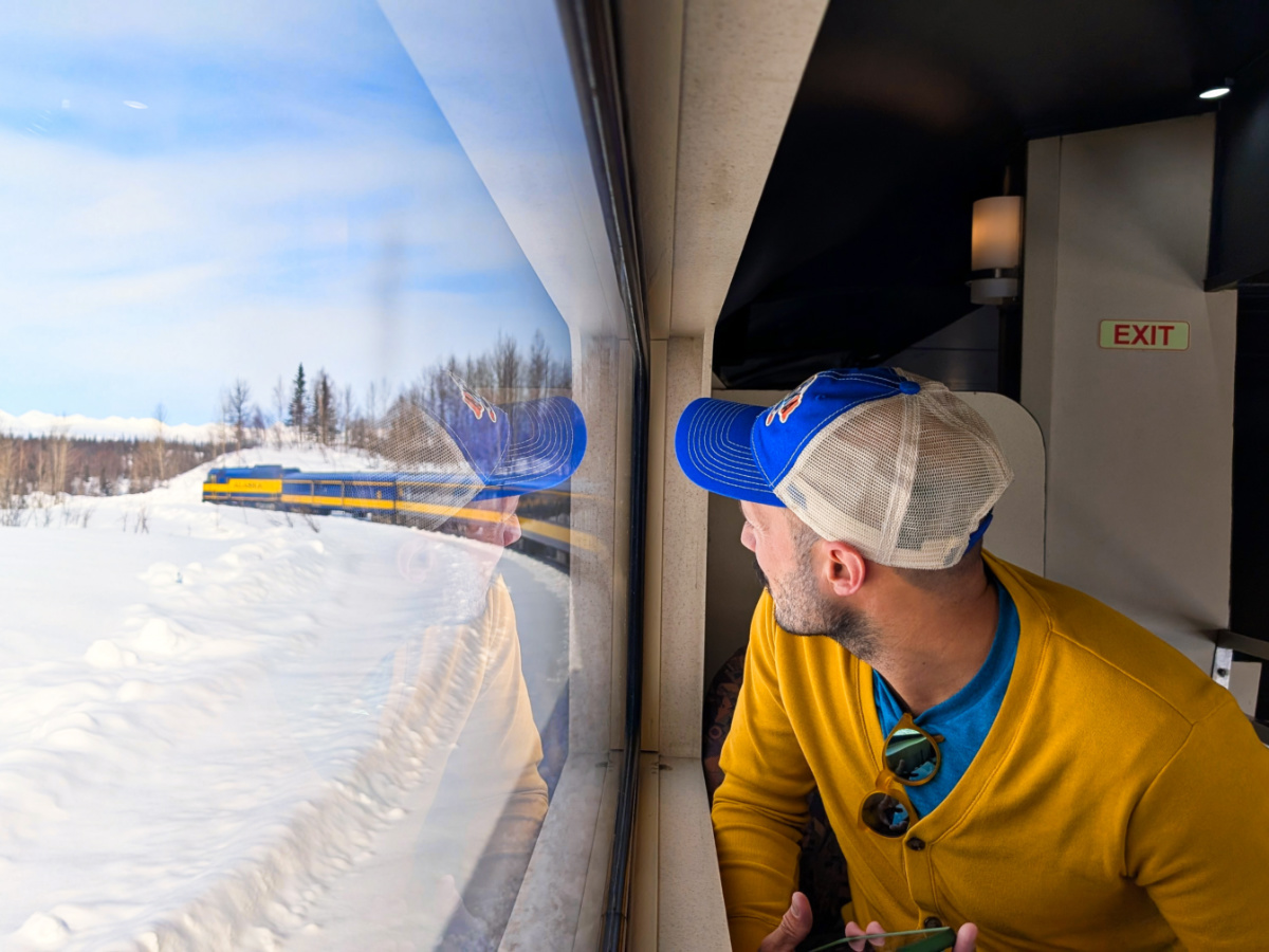 Rob Taylor on Alaska Railroad Aurora Winter Route Train Talkeetna Alaska 1