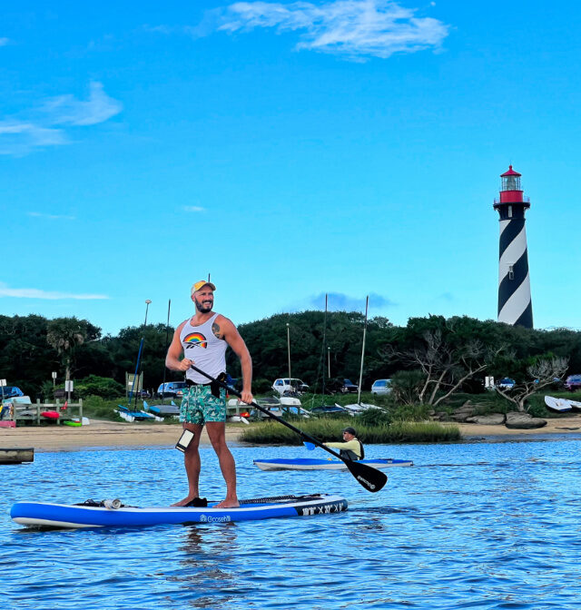 Rob Taylor on Goosehill Sailor Inflatable SUP at St Augustine Lighthouse on Salt Run 12
