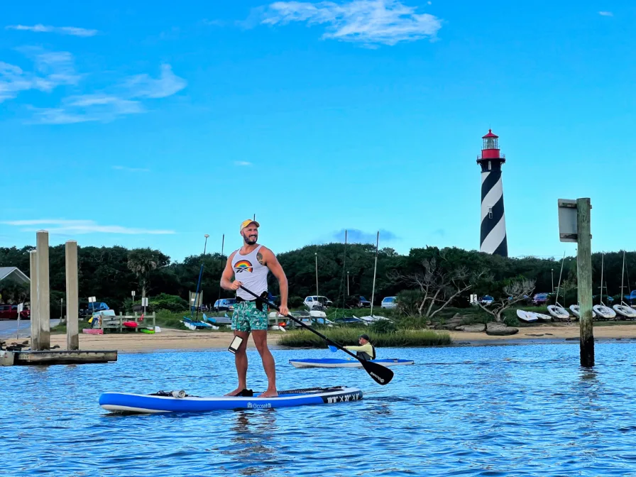 Rob Taylor on Goosehill Sailor Inflatable SUP at St Augustine Lighthouse on Salt Run 12