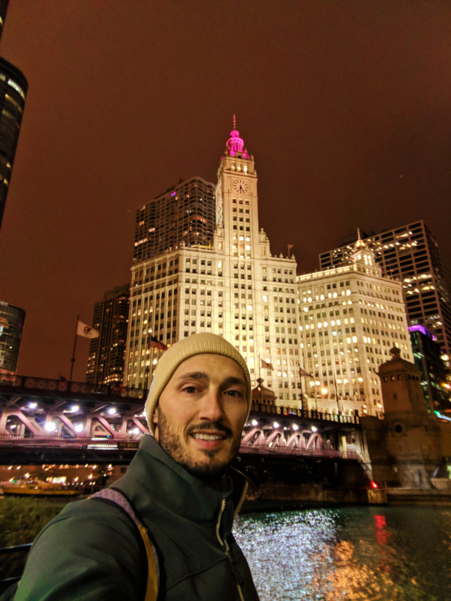 Rob Taylor with Colorful buildings on river at Night Downtown Chicago 1
