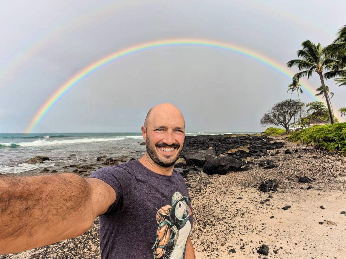 Rob Taylor with Double Rainbow at Poipu Beach Koloa Kauai Hawaii 3