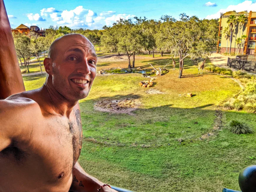 Rob Taylor with Giraffes From Savannah View Room Animal Kingdom Lodge Walt Disney World Orlando 1