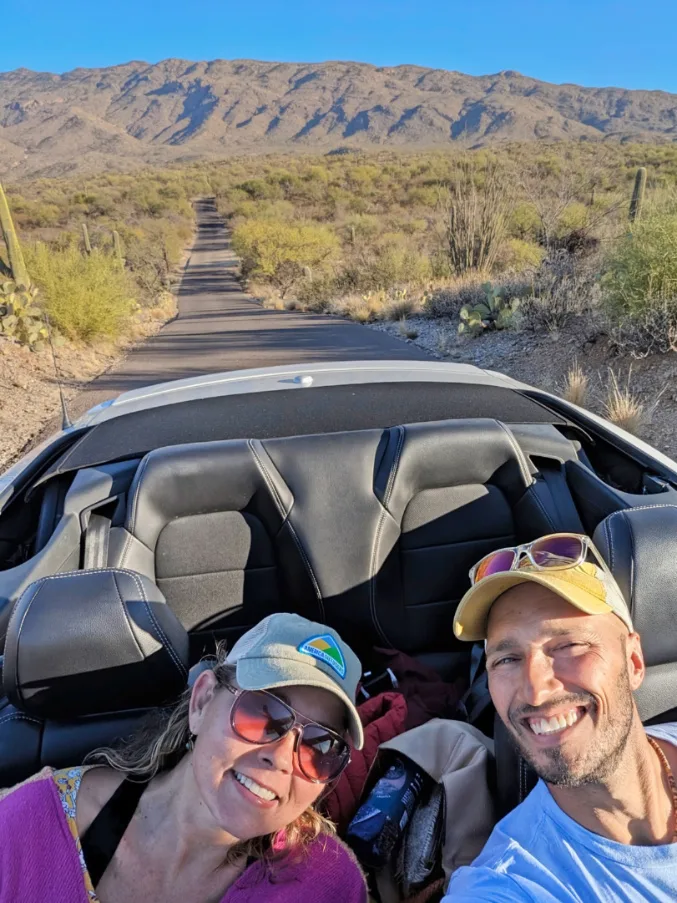 Rob Taylor with Kelly on Cactus Forest Drive Loop Road in Saguaro National Park Arizona 1