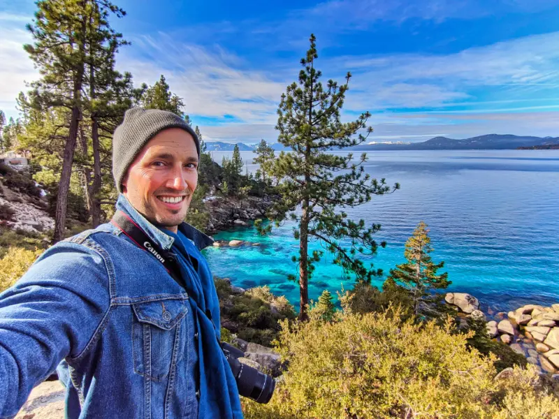 Rob Taylor with Turquoise water at Emerald Cove East Shore Trail Lake Tahoe Nevada 2020 1