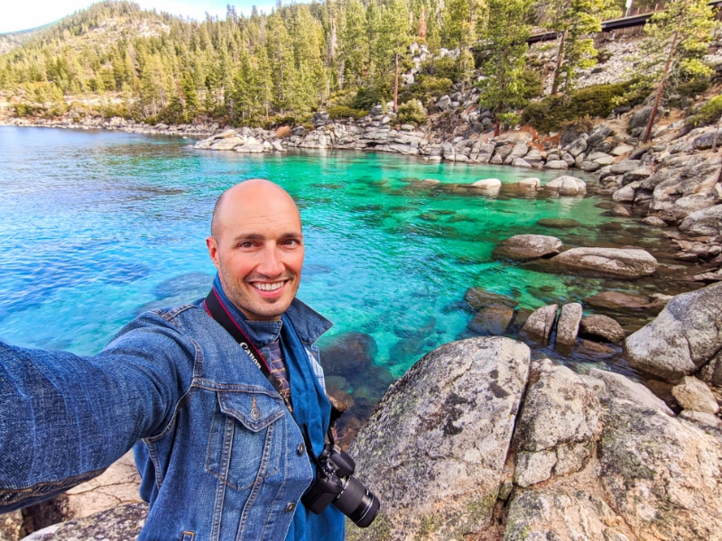 Rob Taylor with Turquoise water at Emerald Cove East Shore Trail Lake Tahoe Nevada 2020 12