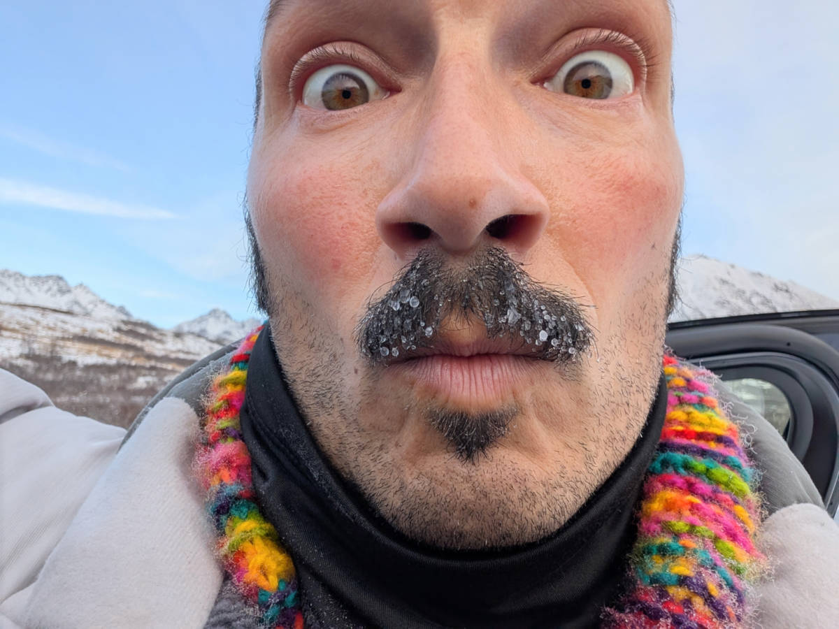 Rob Taylor with frozen mustache hiking Gold Mint Trail Hatcher Pass Palmer Alaska 1