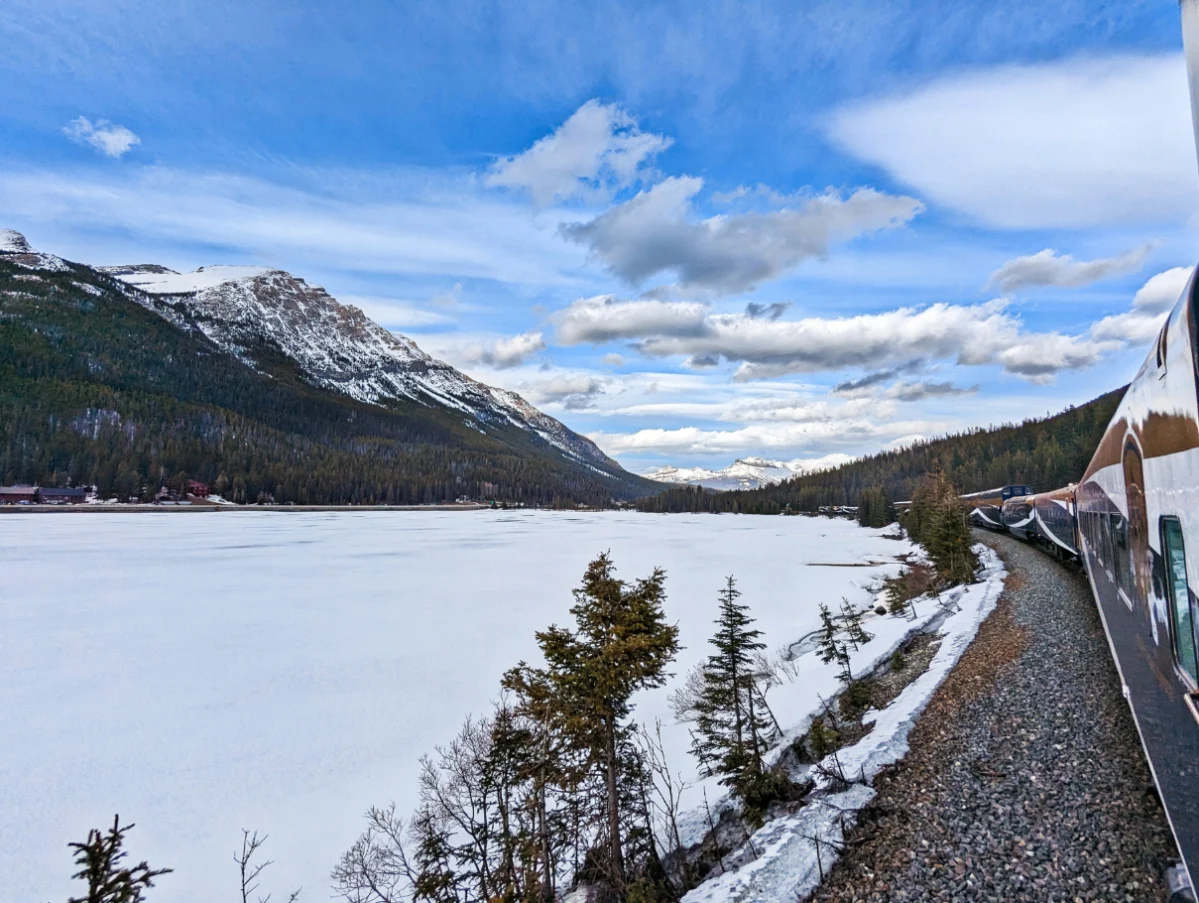 Rocky Mountaineer Train along Frozen Lake First Passage to the West 1
