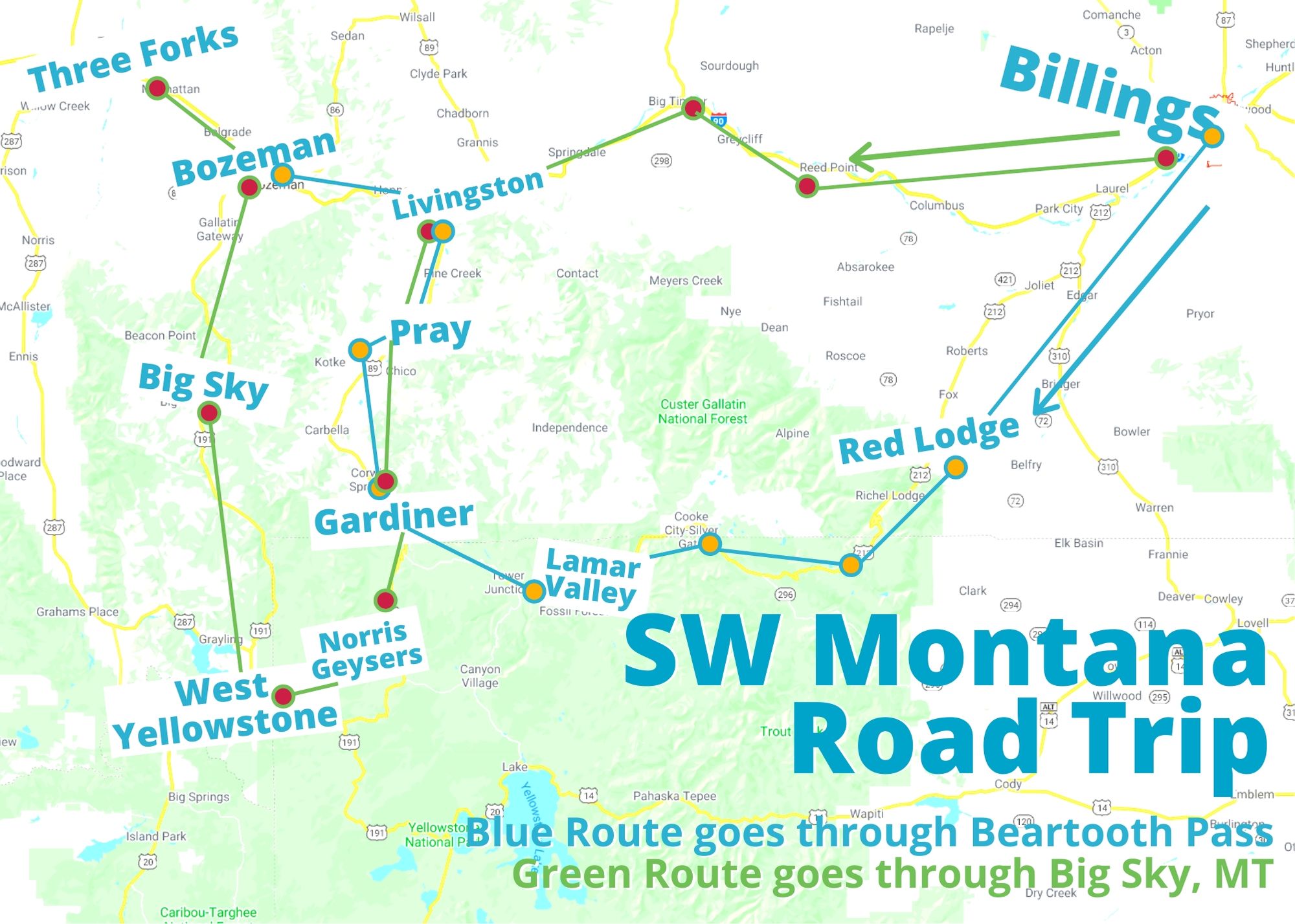 SW Montana Road Trip Map 