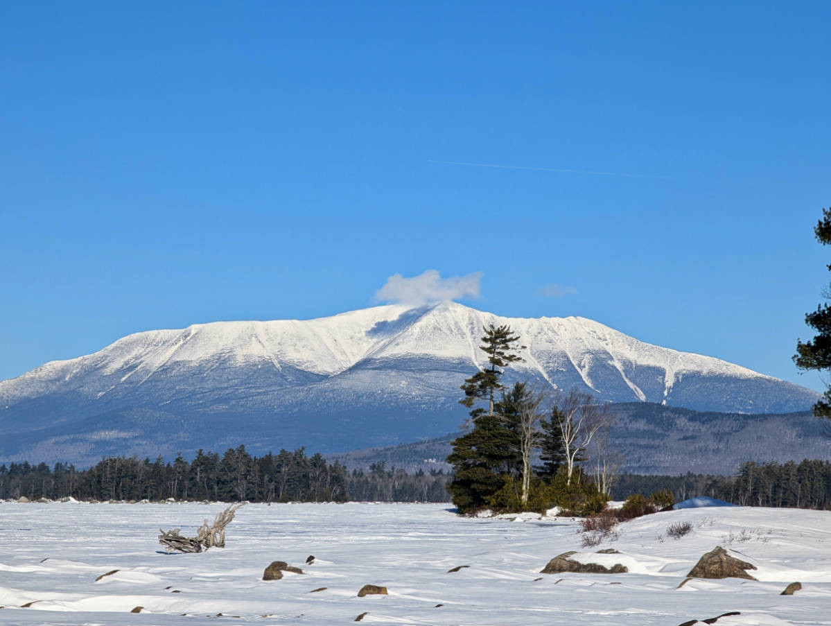 Snow Covered Katahdin from across frozen Millinocket Lake at NEOC New England Outdoor Center Maine 2